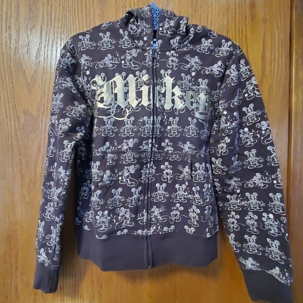 Disneyland Resort Mickey Mouse Brown All Over Print Full Zip Hoodie Gold Logo M